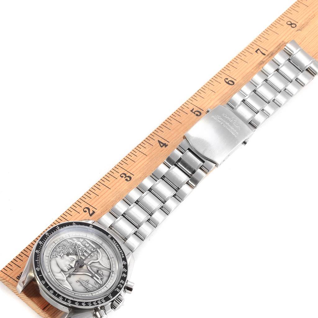 The image shows an overhead view of an Omega Speedmaster 311.30.42.30.99.002 Men's Stainless Steel Silver Dial 311.30.42.30.99.002 Men's Stainless Steel Silver Dial watch with a detailed dial and metal bracelet.