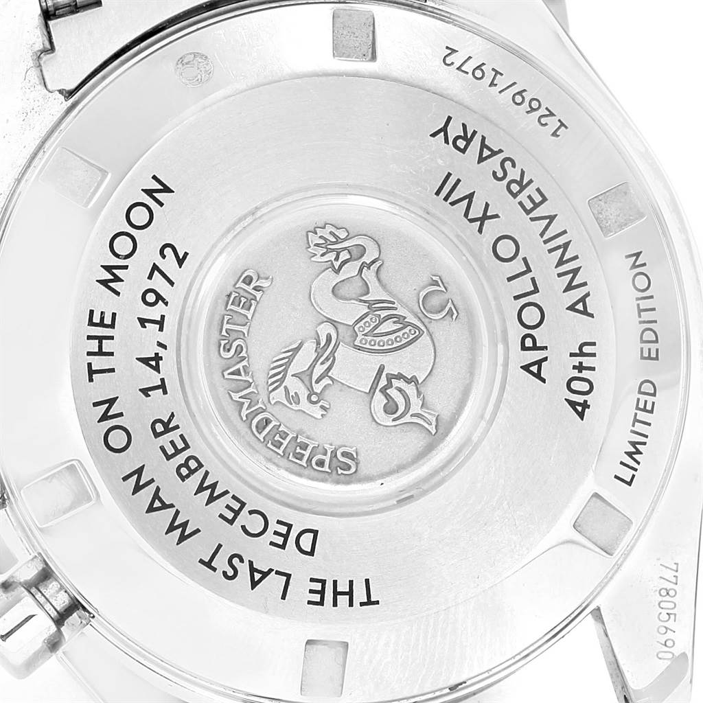 This image shows the case back of the Omega Speedmaster 311.30.42.30.99.002 Men's Stainless Steel Silver Dial 311.30.42.30.99.002 Men's Stainless Steel Silver Dial Apollo XVII 40th Anniversary Limited Edition watch.