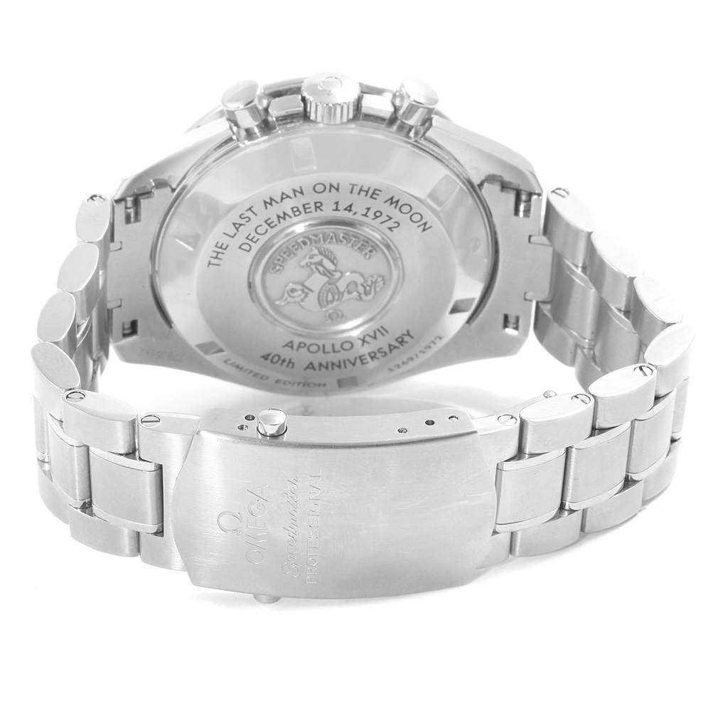 This image shows the back case and metal bracelet of an Omega Speedmaster 311.30.42.30.99.002 Men's Stainless Steel Silver Dial 311.30.42.30.99.002 Men's Stainless Steel Silver Dial watch at an angled view.