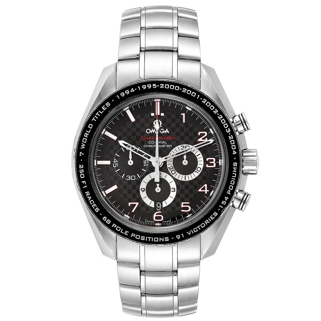 This Omega Speedmaster 321.30.44.50.01.001 Men
s Stainless Steel Black Dial 321.30.44.50.01.001 Men
s Stainless Steel Black Dial watch is shown from a front angle, displaying its black dial, chronograph sub-dials, and metal bracelet.