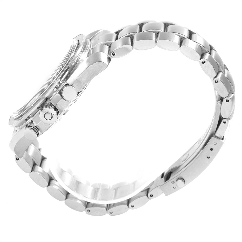 The image shows a side view of an Omega Speedmaster 321.30.44.50.01.001 Men
s Stainless Steel Black Dial 321.30.44.50.01.001 Men
s Stainless Steel Black Dial watch, highlighting its metal bracelet, clasp, and side profile of the case.