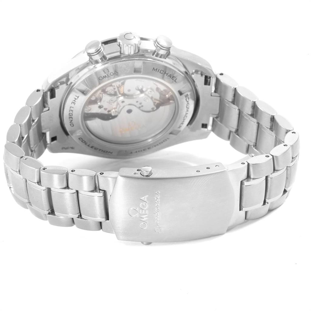 The image shows the back of the Omega Speedmaster 321.30.44.50.01.001 Men
s Stainless Steel Black Dial 321.30.44.50.01.001 Men
s Stainless Steel Black Dial watch, highlighting the case back, bracelet, and clasp with engravings.