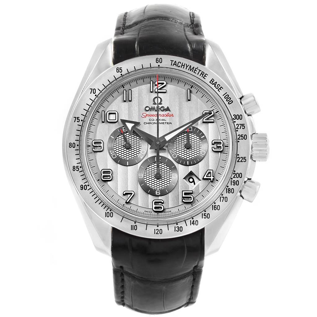The image shows a front view of the Omega Speedmaster 321.13.44.50.02.001 Men
s Stainless Steel Silver Dial 321.13.44.50.02.001 Men
s Stainless Steel Silver Dial watch with a black leather strap and a tachymeter bezel.