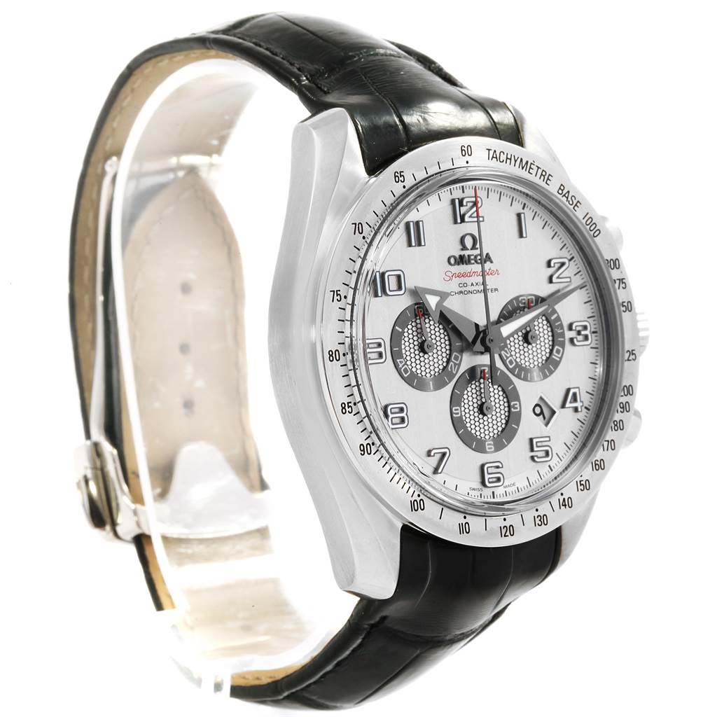 The image shows an Omega Speedmaster 321.13.44.50.02.001 Men
s Stainless Steel Silver Dial 321.13.44.50.02.001 Men
s Stainless Steel Silver Dial watch at a slight angle, highlighting the dial, bezel, and black leather strap.