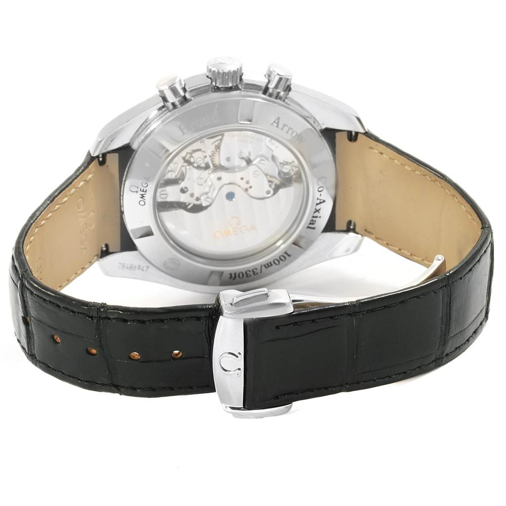 The image shows the back view of an Omega Speedmaster 321.13.44.50.02.001 Men
s Stainless Steel Silver Dial 321.13.44.50.02.001 Men
s Stainless Steel Silver Dial watch showcasing its transparent case back and black leather strap.