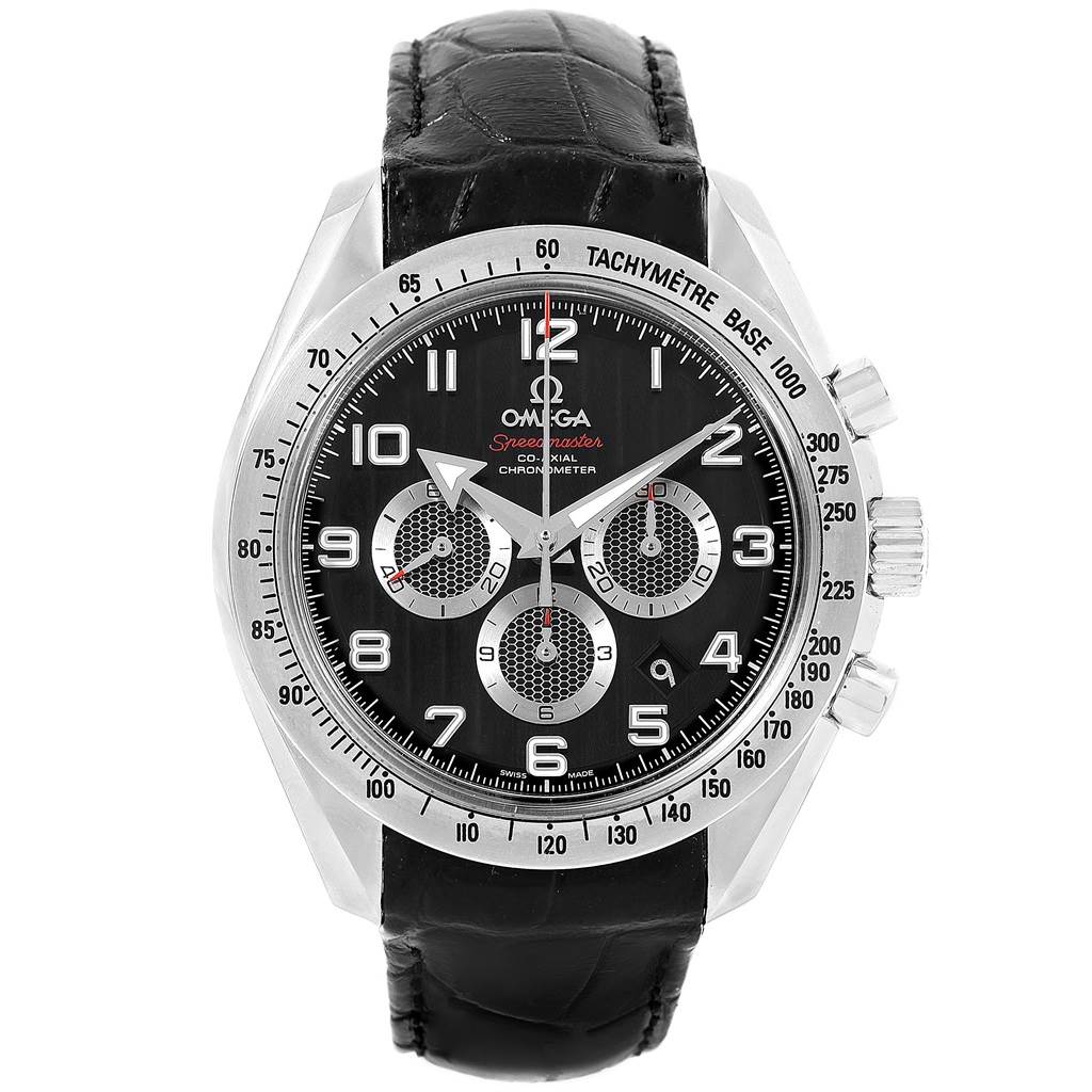 The image displays a front view of the Omega Speedmaster 321.13.44.50.01.001 Men
s Stainless Steel Black Dial 321.13.44.50.01.001 Men
s Stainless Steel Black Dial watch, showcasing its dial, subdials, and leather strap.