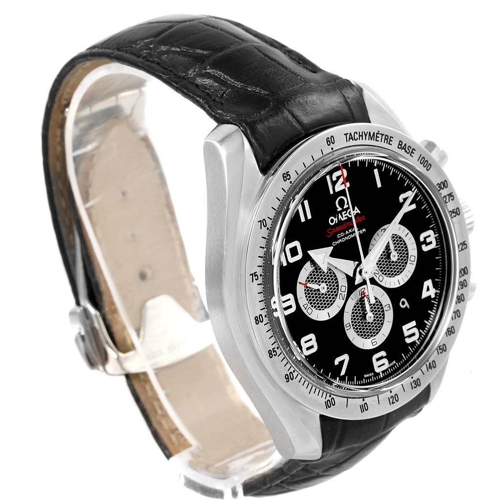 The image shows an Omega Speedmaster 321.13.44.50.01.001 Men
s Stainless Steel Black Dial 321.13.44.50.01.001 Men
s Stainless Steel Black Dial watch from a side angle, displaying its black dial, stainless steel case, and leather strap.