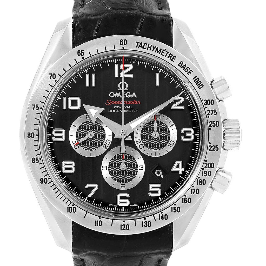 The image shows the Omega Speedmaster 321.13.44.50.01.001 Men
s Stainless Steel Black Dial 321.13.44.50.01.001 Men
s Stainless Steel Black Dial watch from a front angle, highlighting its dial, bezel, and strap.
