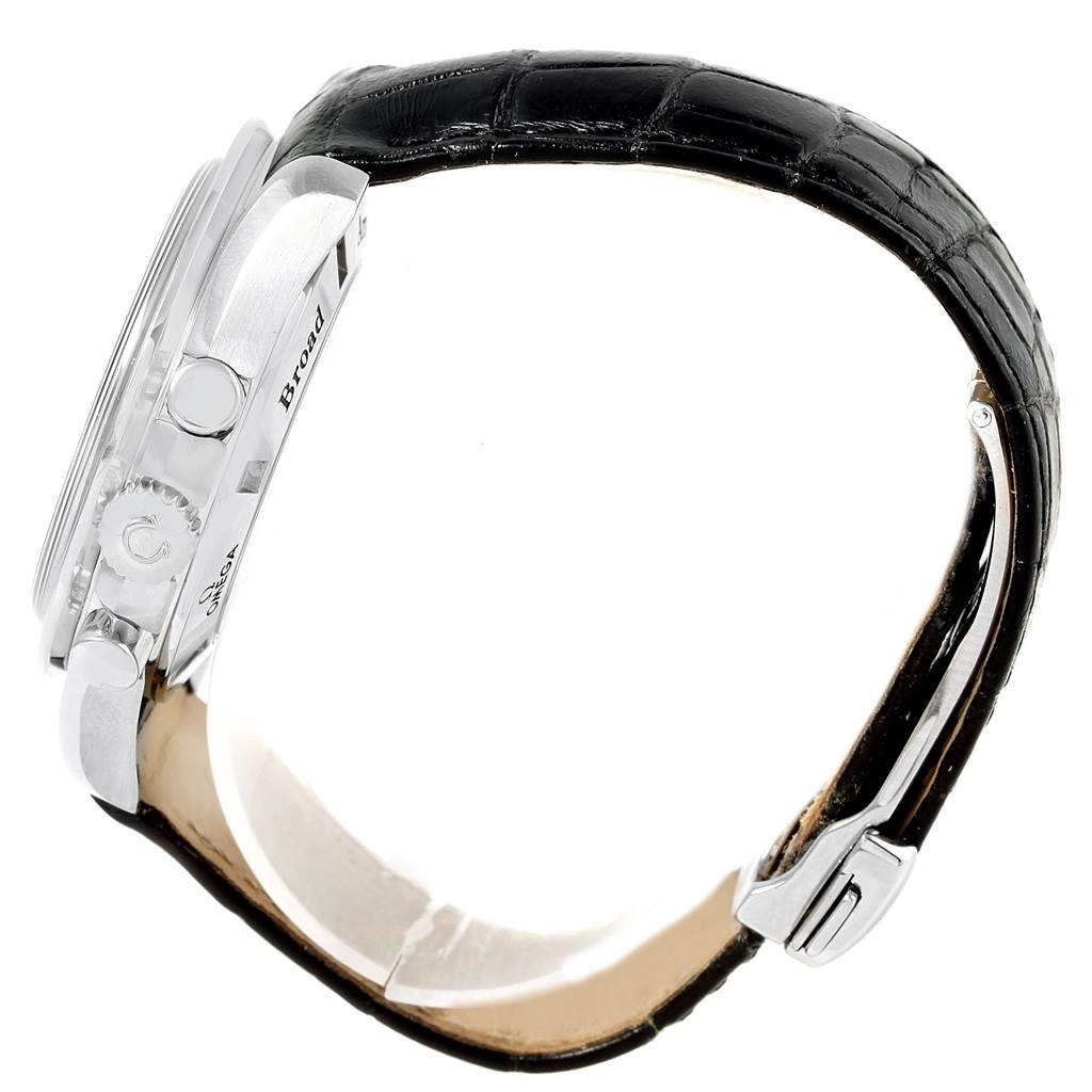 The Omega Speedmaster 321.13.44.50.01.001 Men
s Stainless Steel Black Dial 321.13.44.50.01.001 Men
s Stainless Steel Black Dial watch is shown from a side angle, highlighting the case, crown, pushers, and black leather strap.