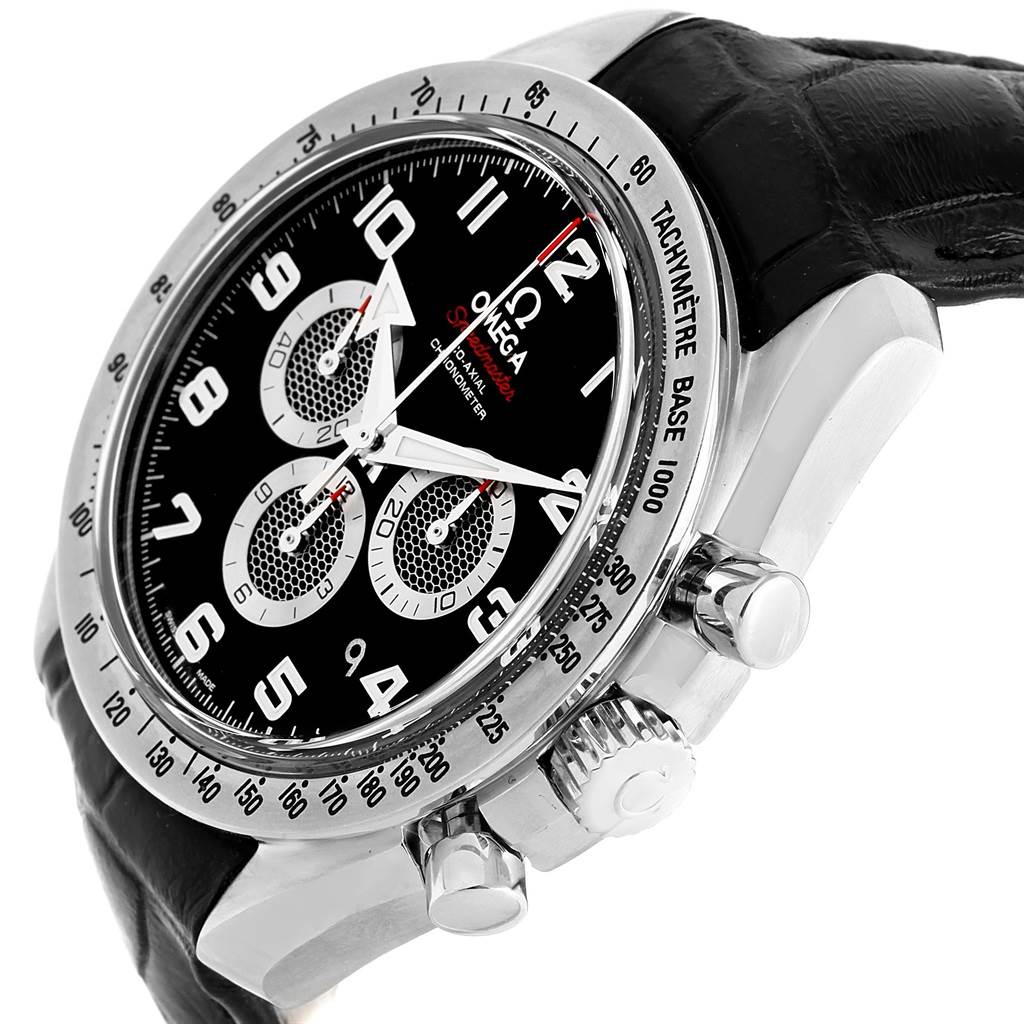 This image shows an Omega Speedmaster 321.13.44.50.01.001 Men
s Stainless Steel Black Dial 321.13.44.50.01.001 Men
s Stainless Steel Black Dial watch at an angle, highlighting the dial, case, tachymeter bezel, and pushers.