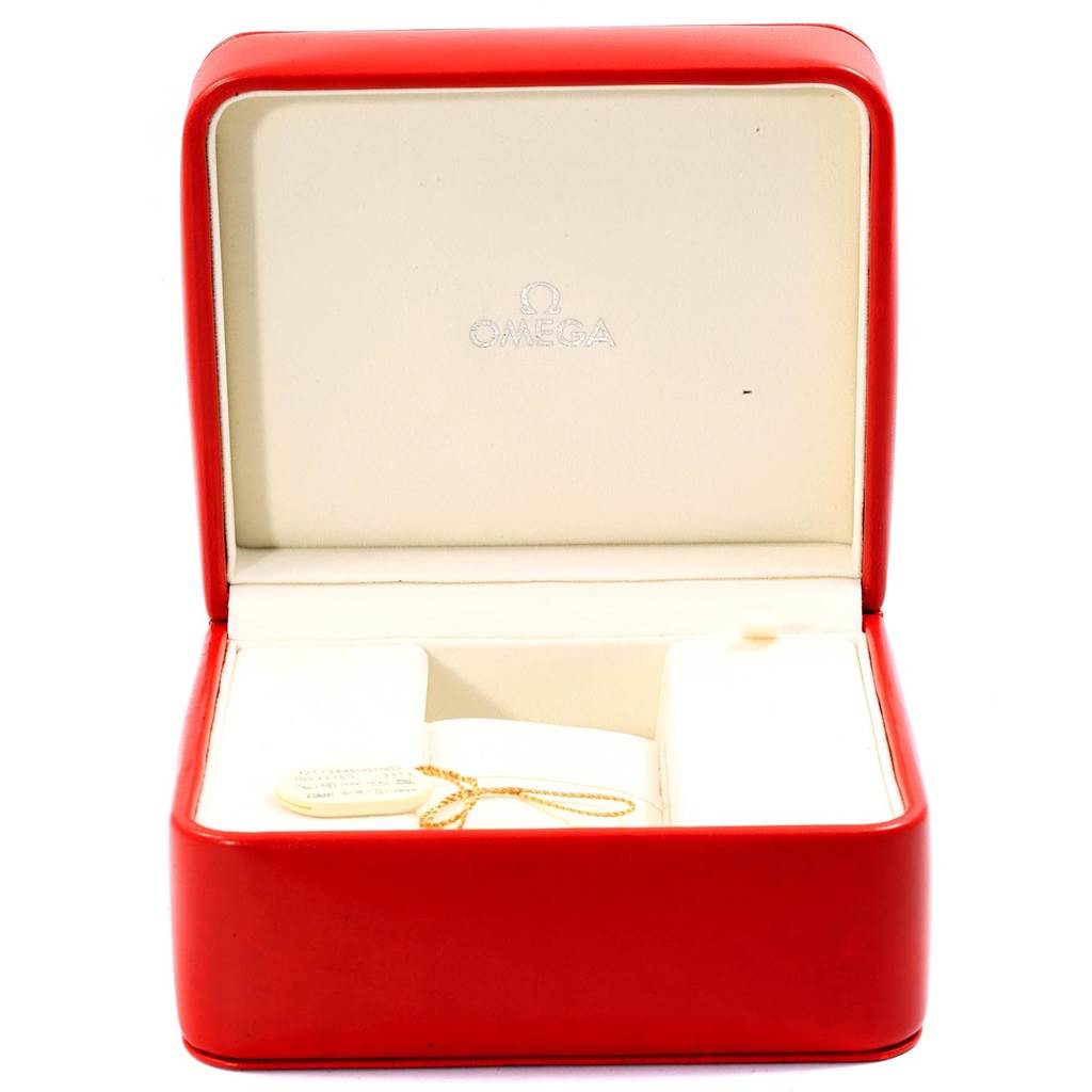 This image shows an open Omega Speedmaster 321.13.44.50.01.001 Men
s Stainless Steel Black Dial 321.13.44.50.01.001 Men
s Stainless Steel Black Dial watch box with its interior featuring the Omega logo.