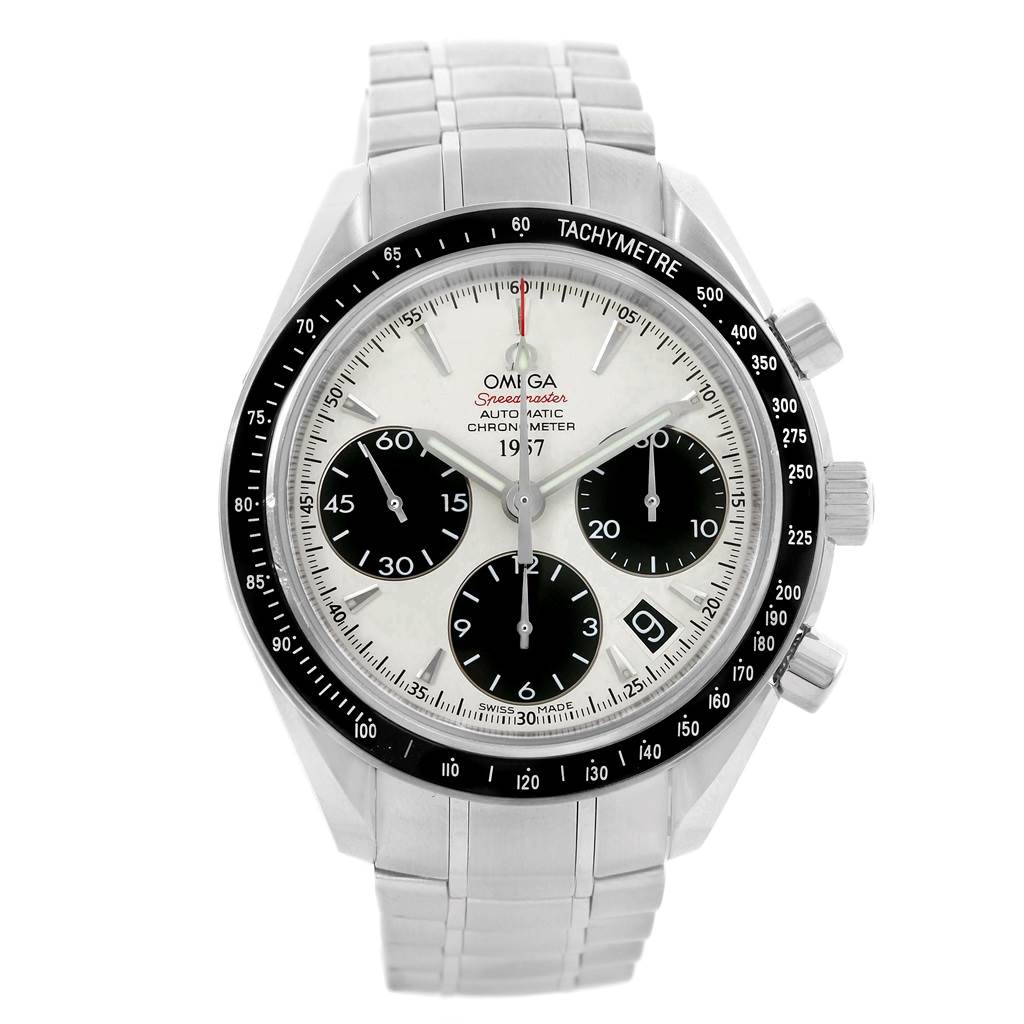 The Omega Speedmaster 323.30.40.40.02.001 Men's Stainless Steel White Dial 323.30.40.40.02.001 Men's Stainless Steel White Dial watch is shown from the front, highlighting its face, bezel, chronograph subdials, and bracelet.