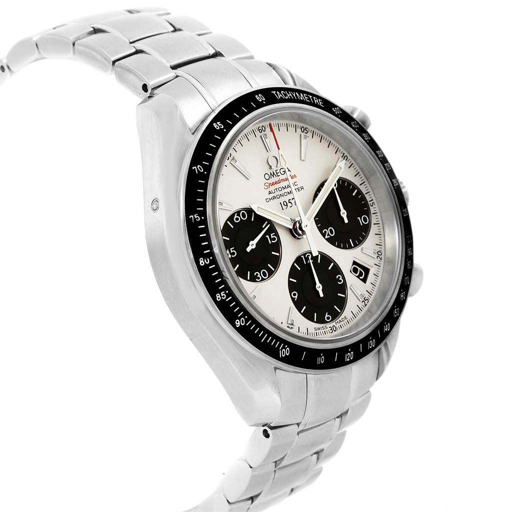 The Omega Speedmaster 323.30.40.40.02.001 Men's Stainless Steel White Dial 323.30.40.40.02.001 Men's Stainless Steel White Dial watch is angled to show the bezel, dial, bracelet, and chronograph sub-dials.