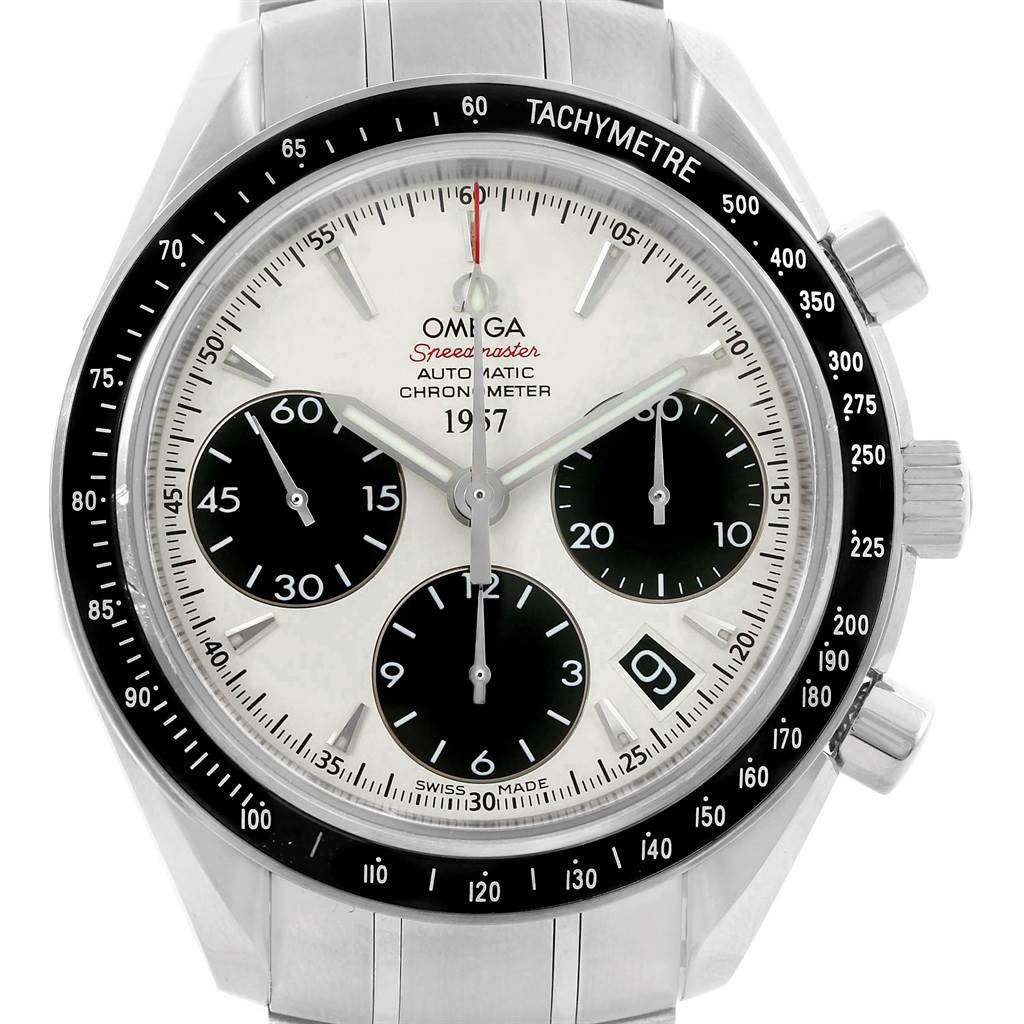 Front view showing the dial, hands, subdials, tachymeter bezel, and buttons of the Omega Speedmaster 323.30.40.40.02.001 Men's Stainless Steel White Dial 323.30.40.40.02.001 Men's Stainless Steel White Dial watch.