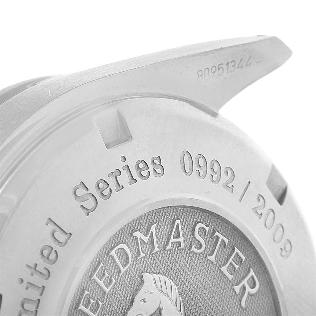 This image shows the case back of an Omega Speedmaster 323.30.40.40.02.001 Men's Stainless Steel White Dial 323.30.40.40.02.001 Men's Stainless Steel White Dial watch displaying the limited series engravings.