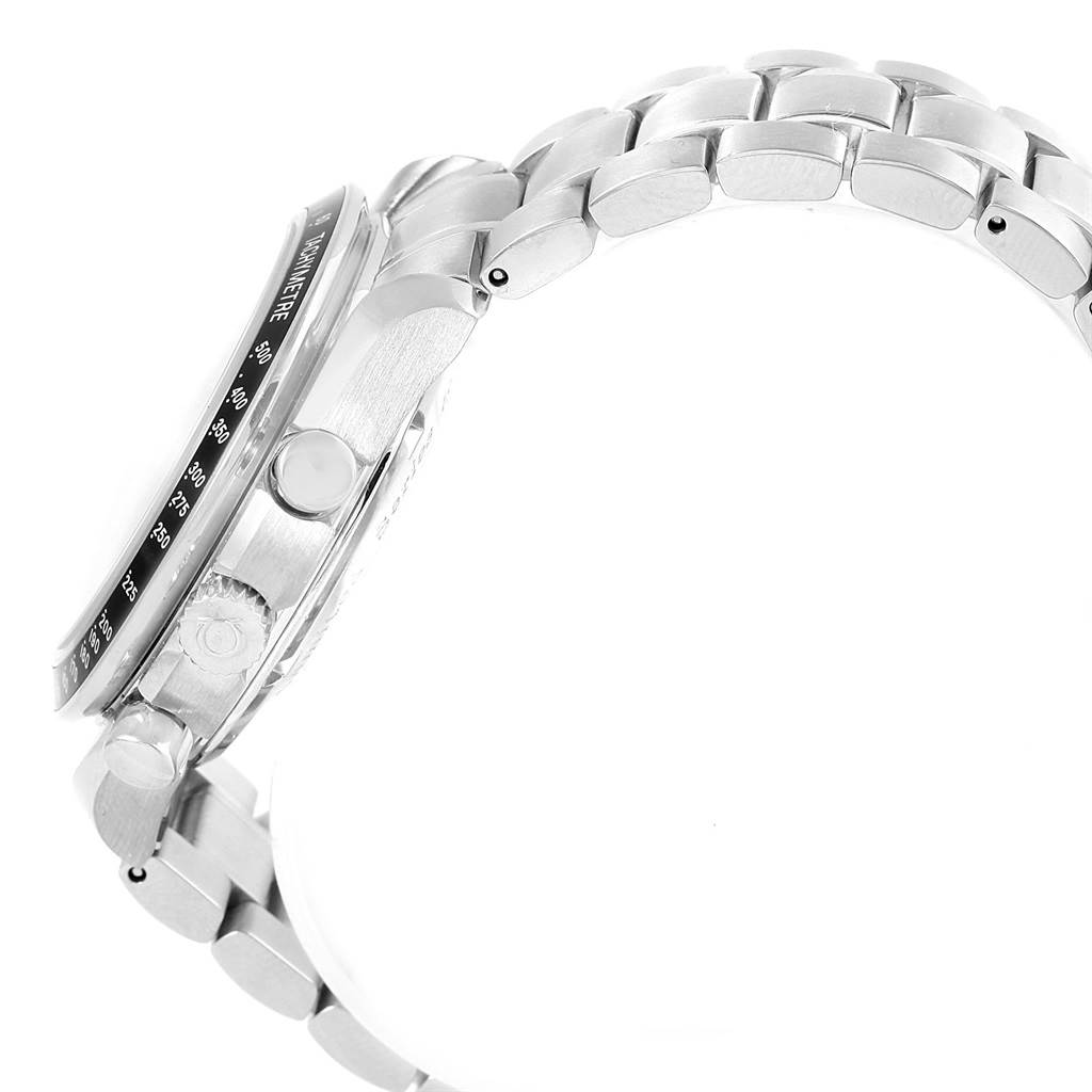 The image shows a side view of the Omega Speedmaster 323.30.40.40.02.001 Men's Stainless Steel White Dial 323.30.40.40.02.001 Men's Stainless Steel White Dial watch, highlighting its case, crown, pushers, and part of the bracelet.