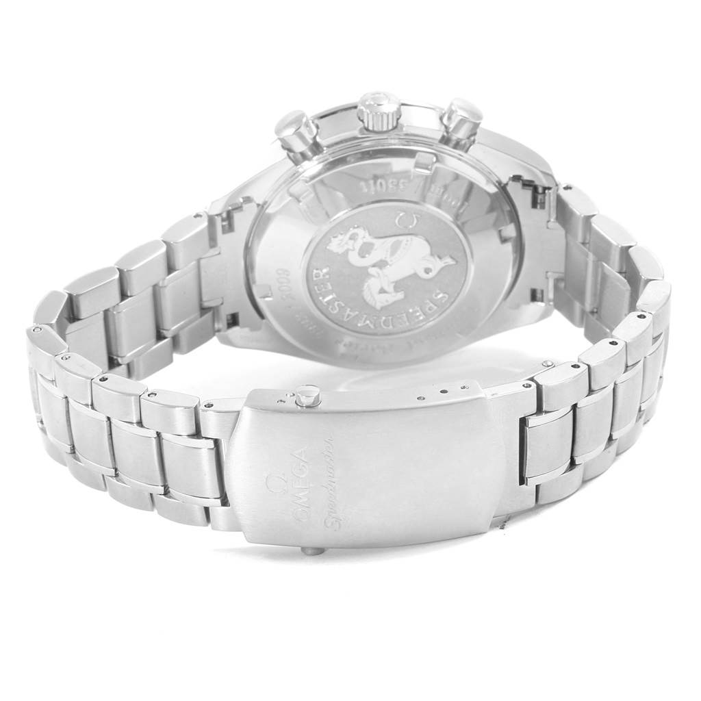 The image shows the rear view of an Omega Speedmaster 323.30.40.40.02.001 Men's Stainless Steel White Dial 323.30.40.40.02.001 Men's Stainless Steel White Dial watch, highlighting its clasp, bracelet, and case back.