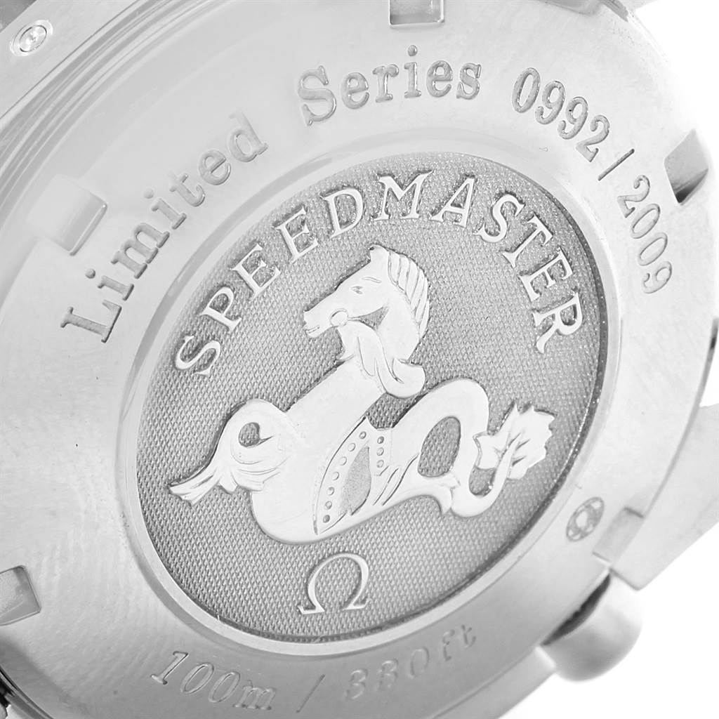 The image shows the case back of an Omega Speedmaster 323.30.40.40.02.001 Men's Stainless Steel White Dial 323.30.40.40.02.001 Men's Stainless Steel White Dial watch, highlighting its limited series engraving.