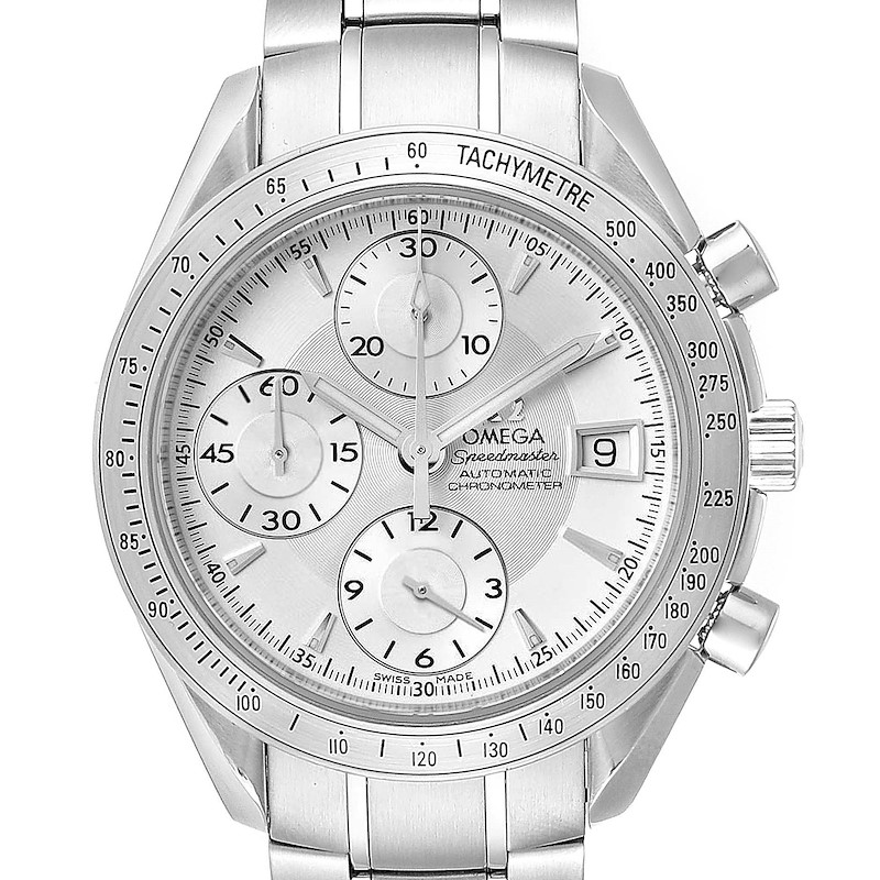 The image shows a front view of the Omega Speedmaster watch, displaying its dial, chronograph, tachymeter, and date window.