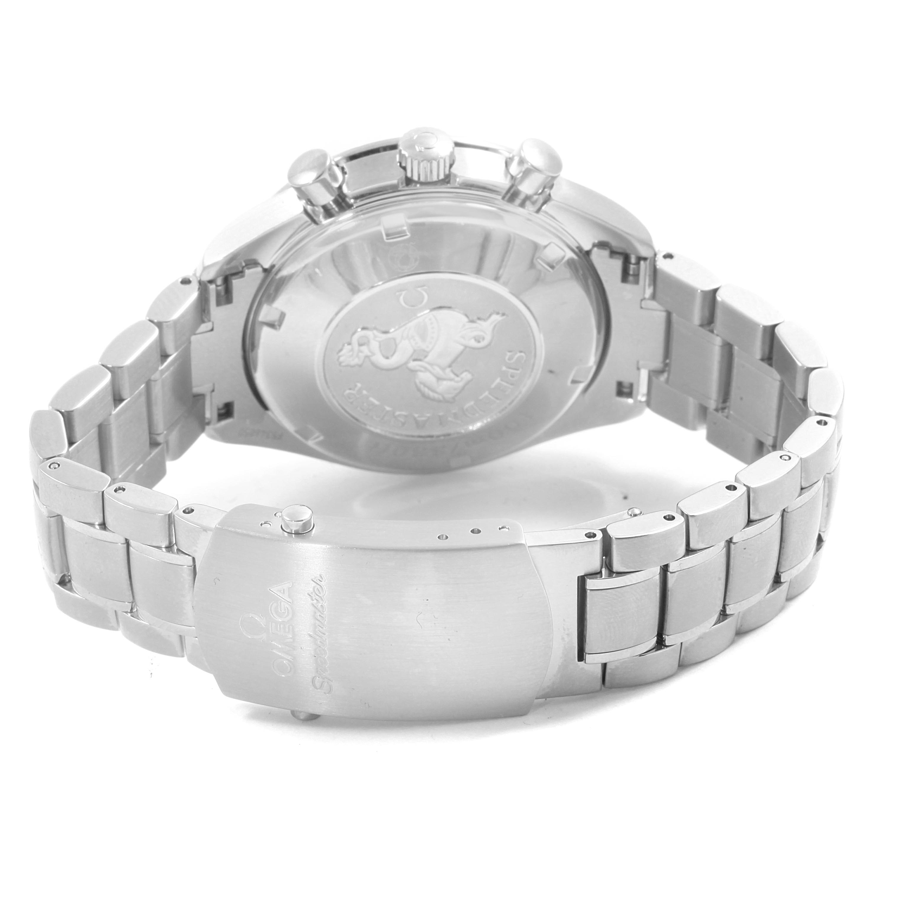 This image shows the back, bracelet, and clasp of an Omega Speedmaster 3211.30.00 Men
s Stainless Steel Silver Dial 3211.30.00 Men
s Stainless Steel Silver Dial watch from a rear angle.