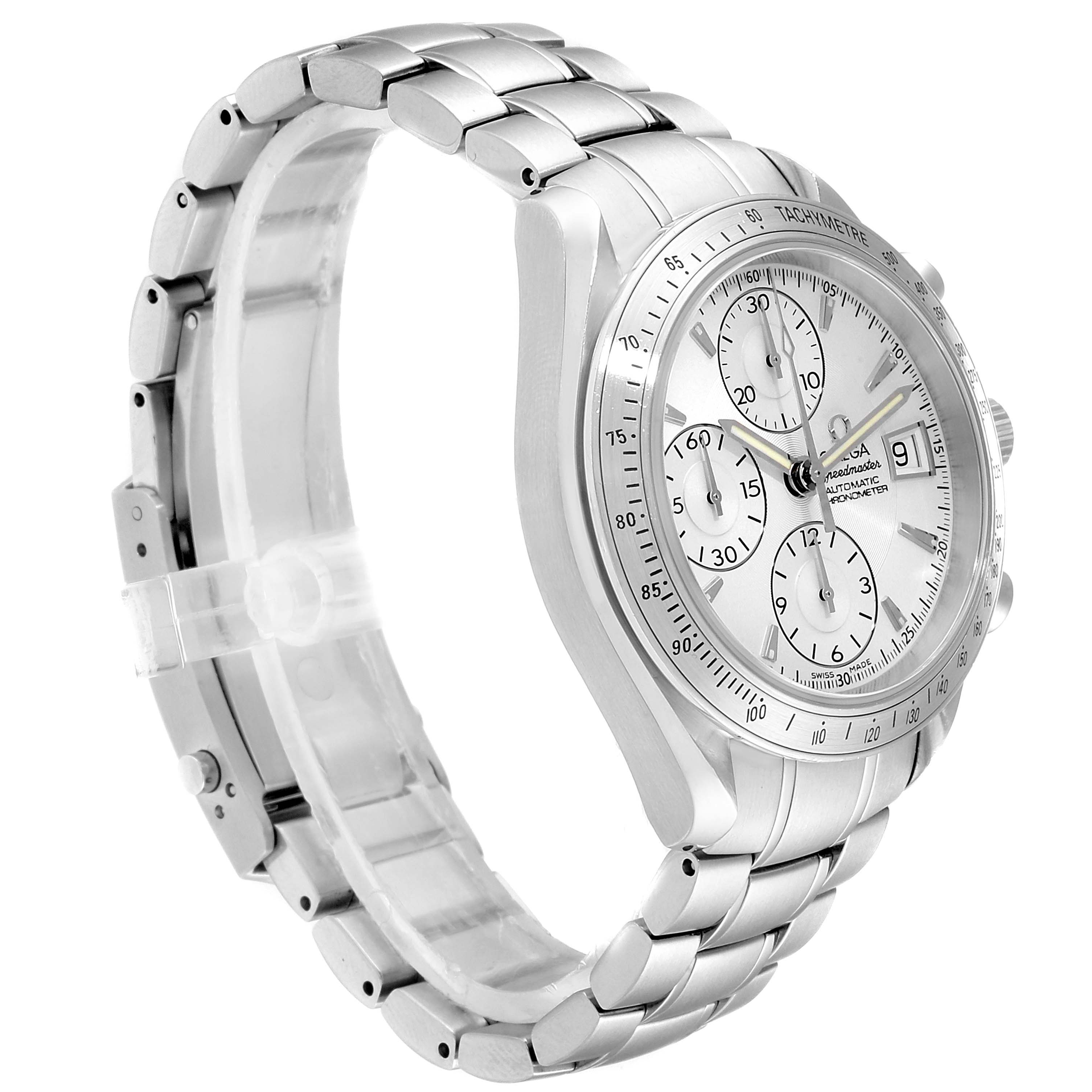 The image shows an Omega Speedmaster 3211.30.00 Men
s Stainless Steel Silver Dial 3211.30.00 Men
s Stainless Steel Silver Dial watch from an angled perspective, highlighting the dial, bracelet, and tachymeter bezel.