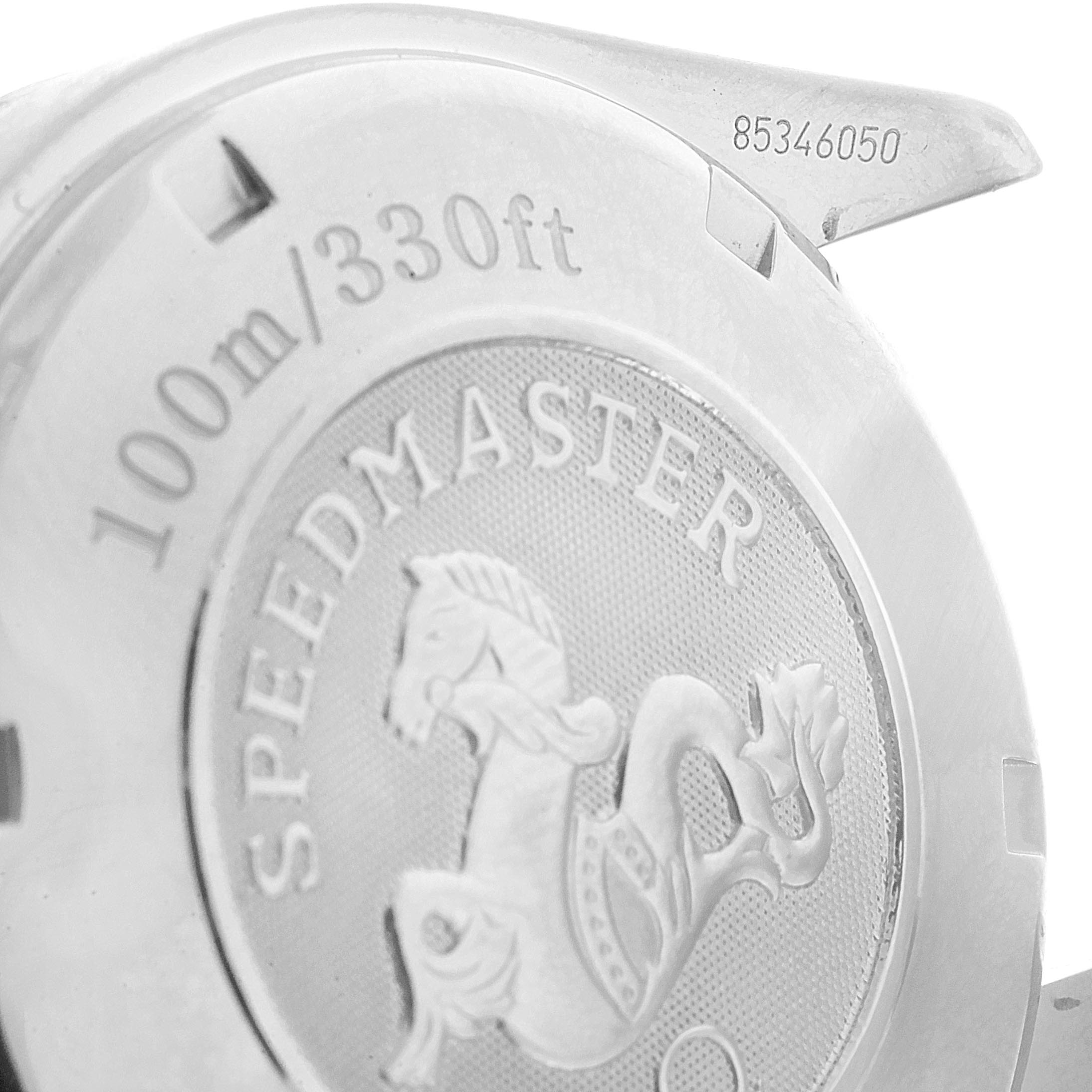 This image shows the back case of the Omega Speedmaster 3211.30.00 Men
s Stainless Steel Silver Dial 3211.30.00 Men
s Stainless Steel Silver Dial watch, highlighting the "Speedmaster" engraving and water resistance details.