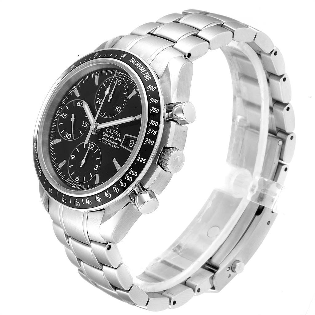 The Omega Speedmaster 3210.50.00 Men
s Stainless Steel Black Dial 3210.50.00 Men
s Stainless Steel Black Dial watch is shown at a three-quarter angle, highlighting the bezel, dial, pushers, and metal bracelet.