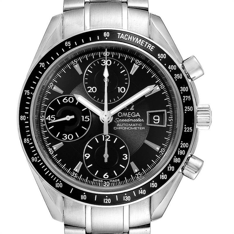 The image shows a front view of the Omega Speedmaster watch, displaying its dial, subdials, tachymeter bezel, and stainless steel bracelet.