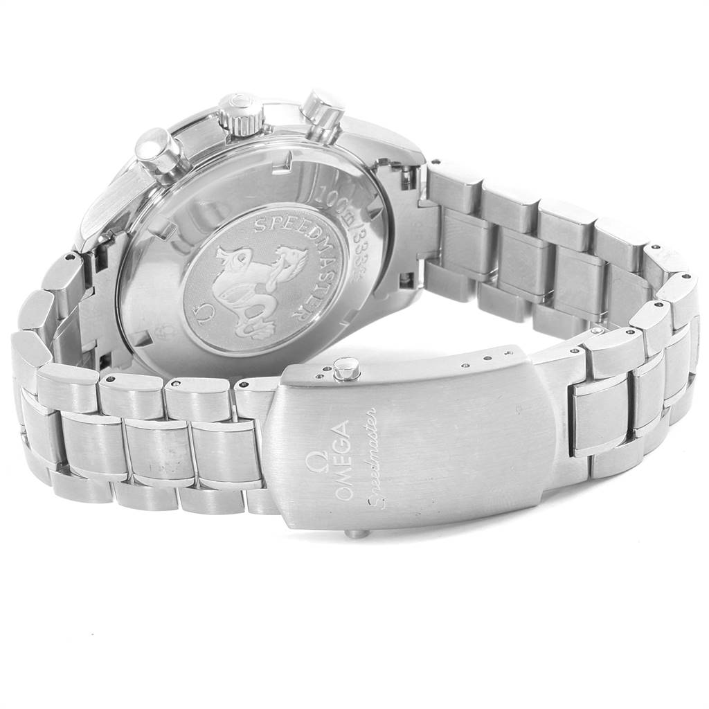 The image shows the backside and clasp of an Omega Speedmaster 3210.50.00 Men
s Stainless Steel Black Dial 3210.50.00 Men
s Stainless Steel Black Dial watch from an angle highlighting the case back and bracelet.