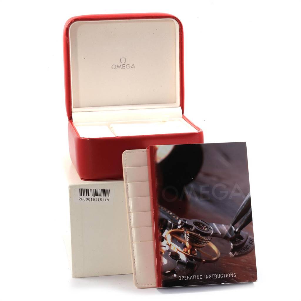 The image shows the packaging and operating instructions for the Omega Speedmaster 3210.50.00 Men
s Stainless Steel Black Dial 3210.50.00 Men
s Stainless Steel Black Dial watch.