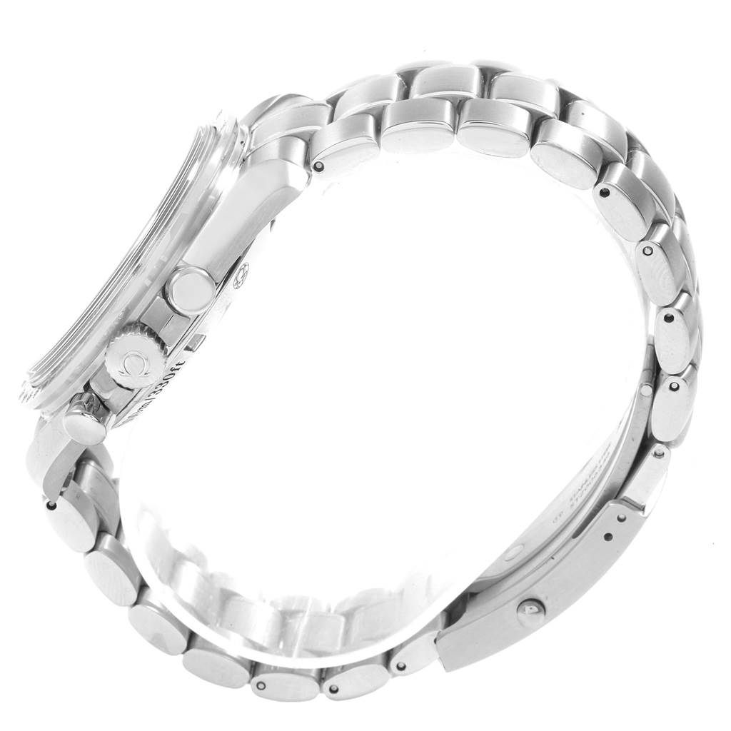 The watch is an Omega Speedmaster 321.10.42.50.01.001 Men
s Stainless Steel Black Dial 321.10.42.50.01.001 Men
s Stainless Steel Black Dial shown from the side, displaying the crown, pushers, and stainless steel bracelet.