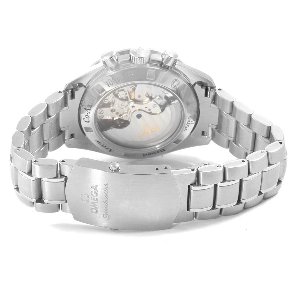 This image shows the back view of the Omega Speedmaster 321.10.42.50.01.001 Men
s Stainless Steel Black Dial 321.10.42.50.01.001 Men
s Stainless Steel Black Dial watch, highlighting the exhibition case back, clasp, and bracelet.