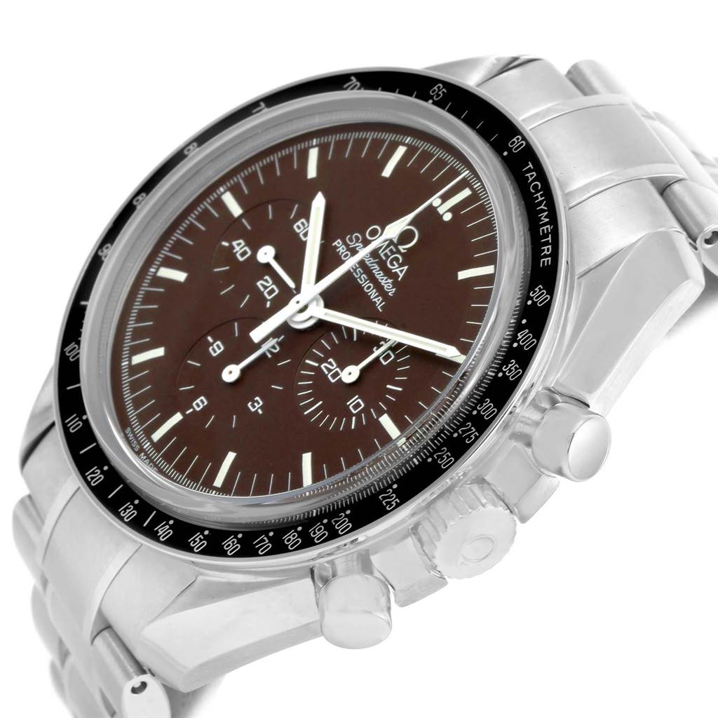 The image shows an angled side view of an Omega Speedmaster 311.30.42.30.13.001 Men's Stainless Steel Brown Dial 311.30.42.30.13.001 Men's Stainless Steel Brown Dial watch, highlighting its face, bezel, crown, and pushers.
