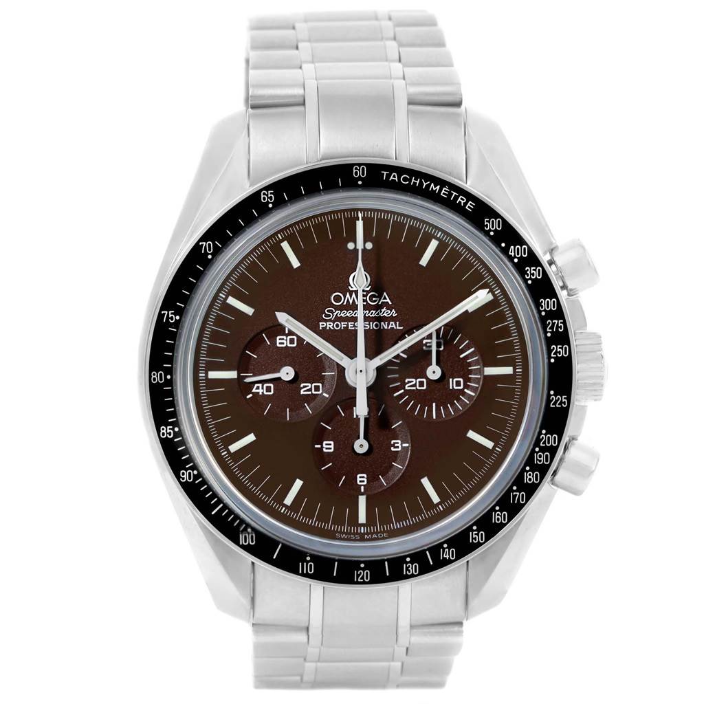 The image shows a front view of an Omega Speedmaster 311.30.42.30.13.001 Men's Stainless Steel Brown Dial 311.30.42.30.13.001 Men's Stainless Steel Brown Dial watch, displaying the face, bezel, crown, and stainless steel bracelet.