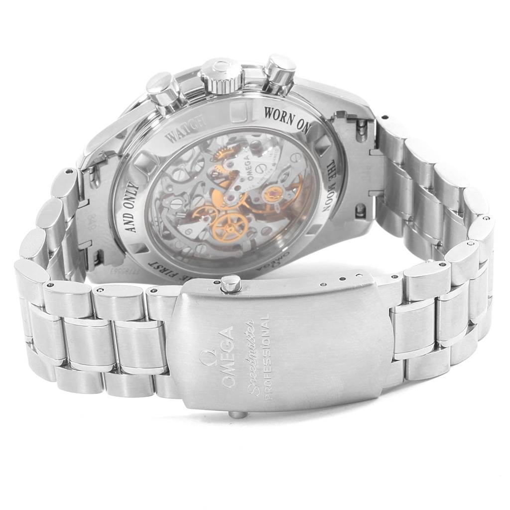 The image shows the back view of the Omega Speedmaster 311.30.42.30.13.001 Men's Stainless Steel Brown Dial 311.30.42.30.13.001 Men's Stainless Steel Brown Dial watch, highlighting its transparent case back and metallic bracelet.