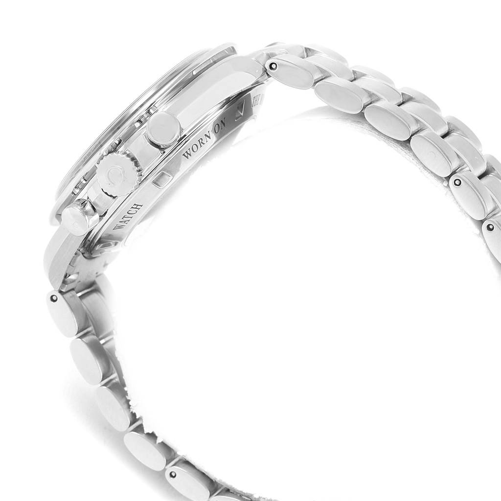 The image shows a side view of an Omega Speedmaster 311.30.42.30.13.001 Men's Stainless Steel Brown Dial 311.30.42.30.13.001 Men's Stainless Steel Brown Dial, highlighting the crown, pushers, and stainless steel bracelet.