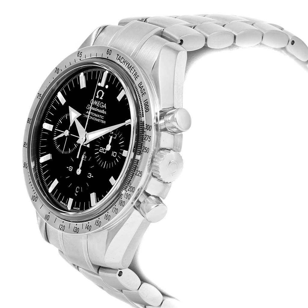 The image shows a front-side angle of the Omega Speedmaster 3551.50.00 Men
s Stainless Steel Black Dial 3551.50.00 Men
s Stainless Steel Black Dial watch, displaying its dial, bezel, crown, pushers, and bracelet.