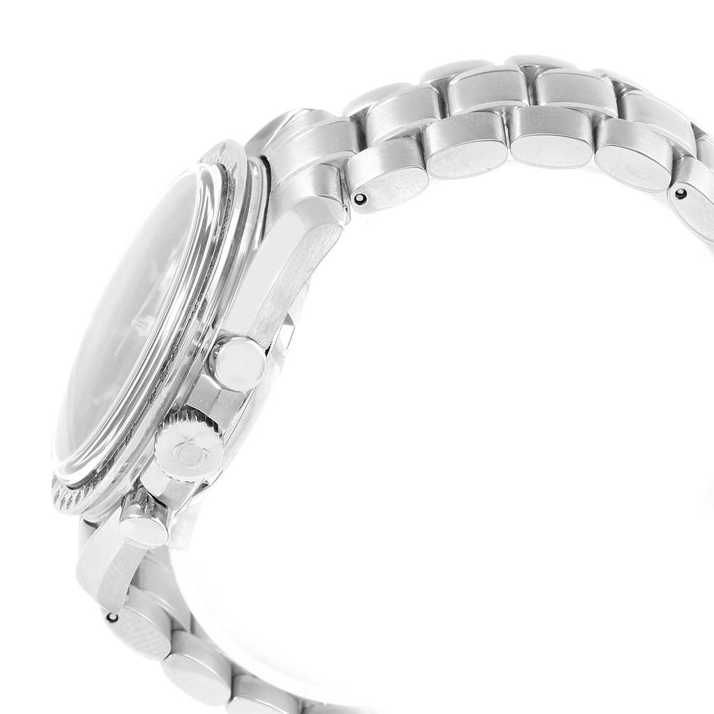 The image shows a side view of the Omega Speedmaster 3551.50.00 Men
s Stainless Steel Black Dial 3551.50.00 Men
s Stainless Steel Black Dial watch, focusing on its crown, pushers, and stainless steel bracelet.