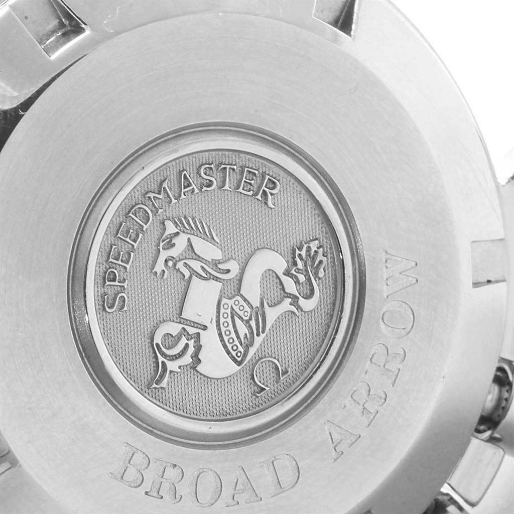 This image shows a close-up of the back case of an Omega Speedmaster 3551.50.00 Men
s Stainless Steel Black Dial 3551.50.00 Men
s Stainless Steel Black Dial Broad Arrow watch.