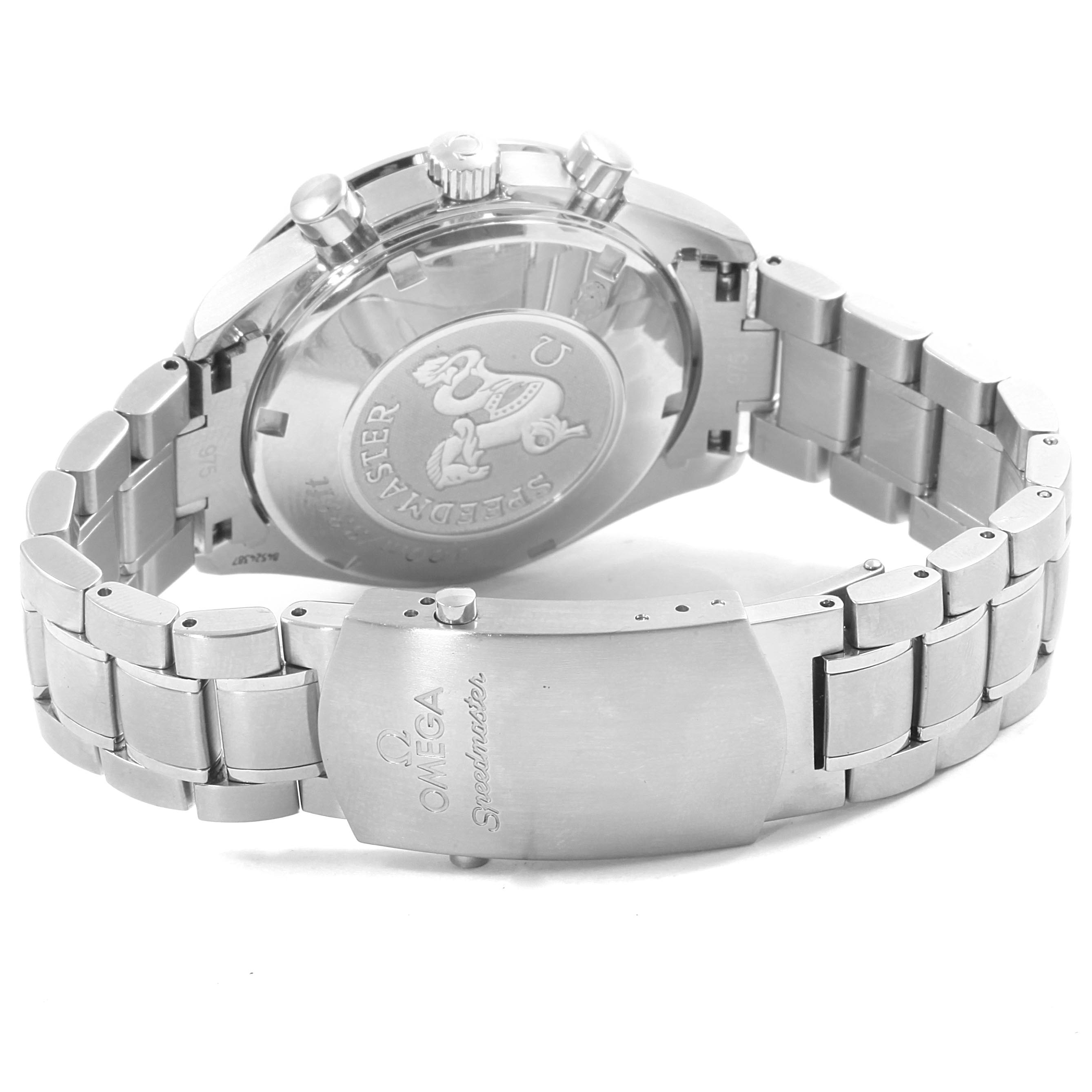 The image shows the back and bracelet of an Omega Speedmaster 3210.50.00 Men
s Stainless Steel Black Dial 3210.50.00 Men
s Stainless Steel Black Dial watch from an angle highlighting the clasp and case back.