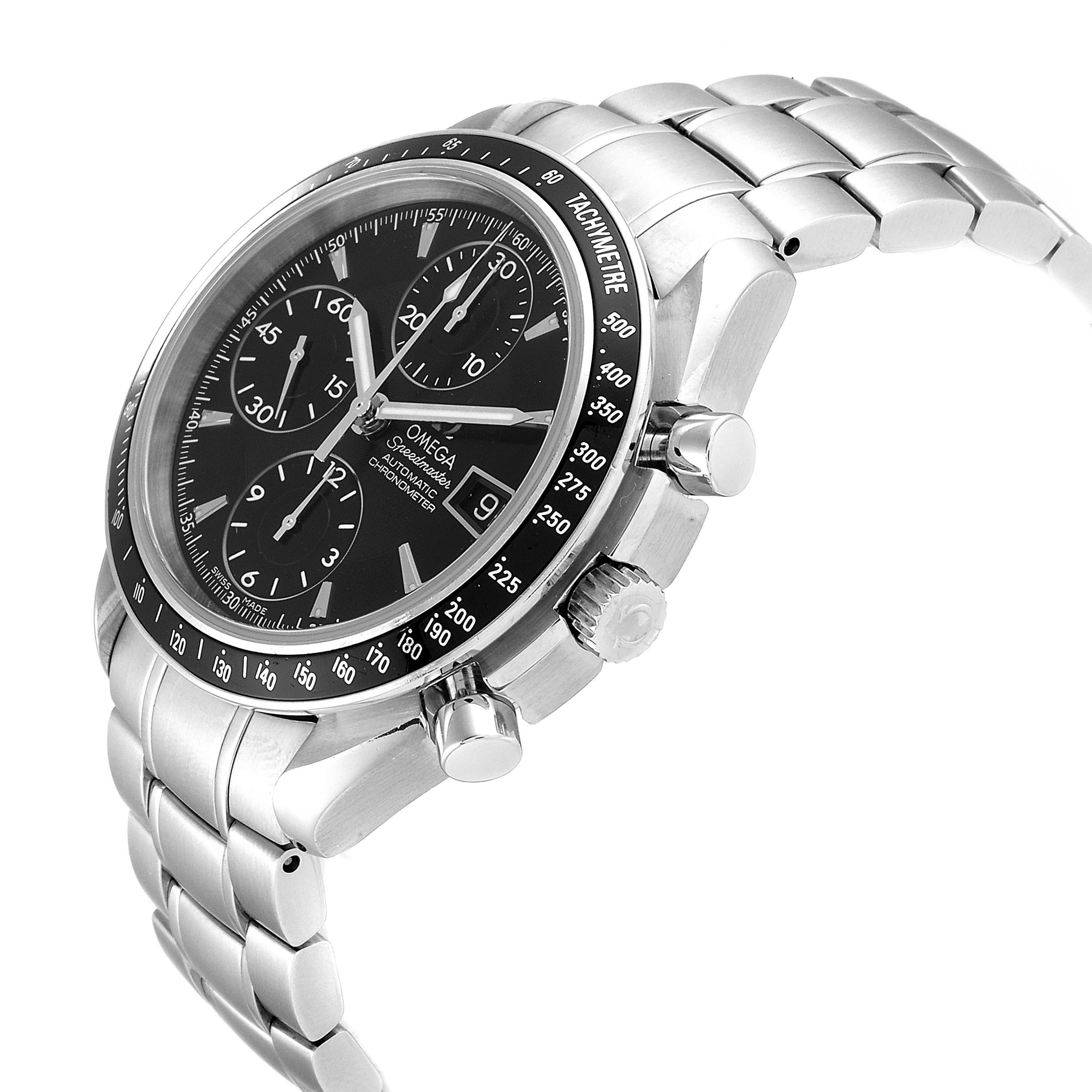 The image shows an angled side view of the Omega Speedmaster 3210.50.00 Men
s Stainless Steel Black Dial 3210.50.00 Men
s Stainless Steel Black Dial watch, highlighting its bracelet, pushers, and tachymeter bezel.