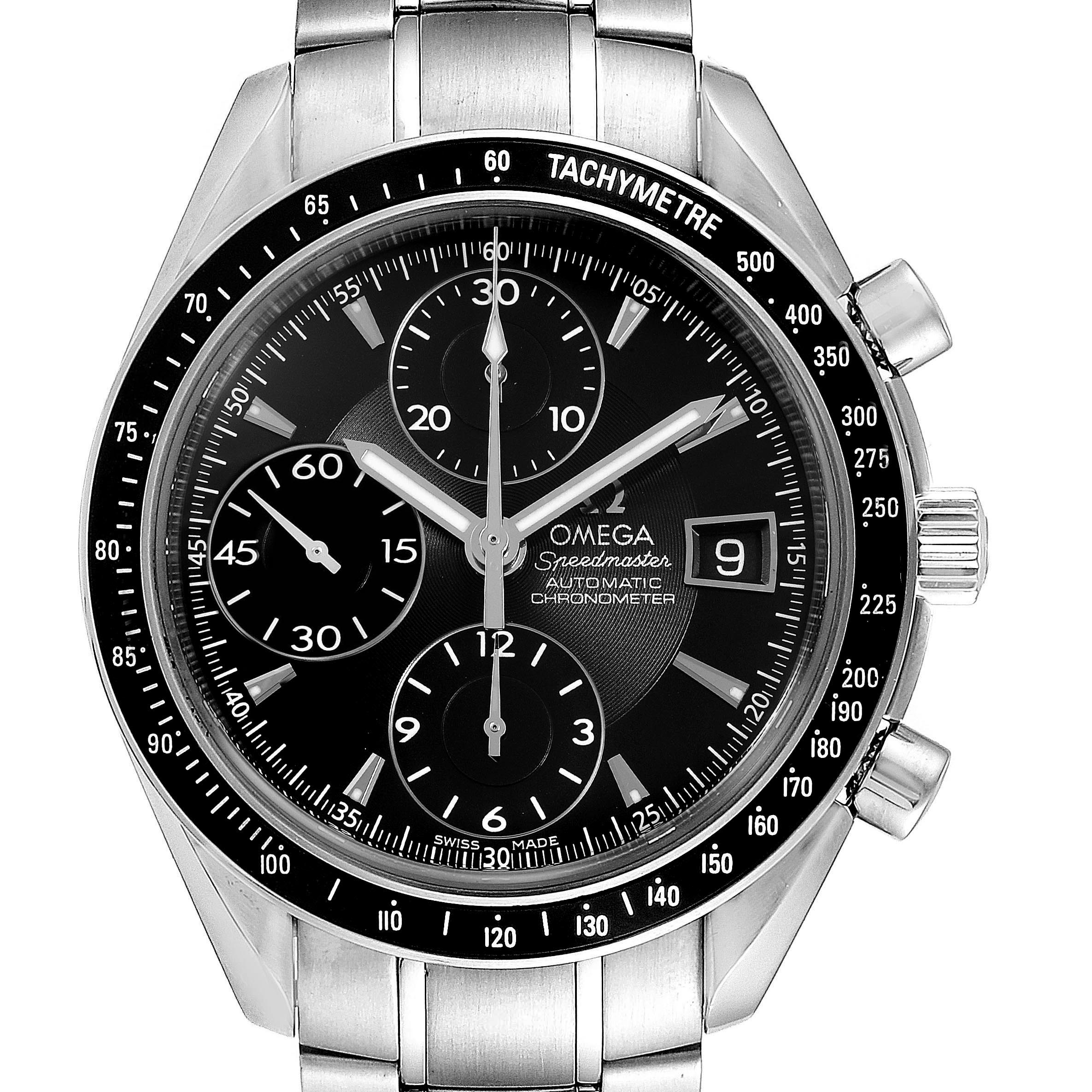 The image shows a front view of the Omega Speedmaster 3210.50.00 Men
s Stainless Steel Black Dial 3210.50.00 Men
s Stainless Steel Black Dial watch, highlighting its dial, subdials, and tachymeter bezel.