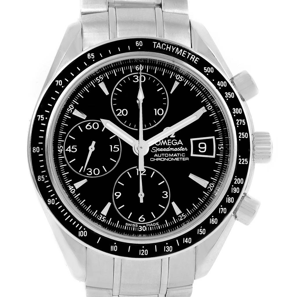 The image shows a close-up front view of the Omega Speedmaster 3210.50.00 Men
s Stainless Steel Black Dial 3210.50.00 Men
s Stainless Steel Black Dial watch, highlighting its dial, subdials, and tachymeter bezel.
