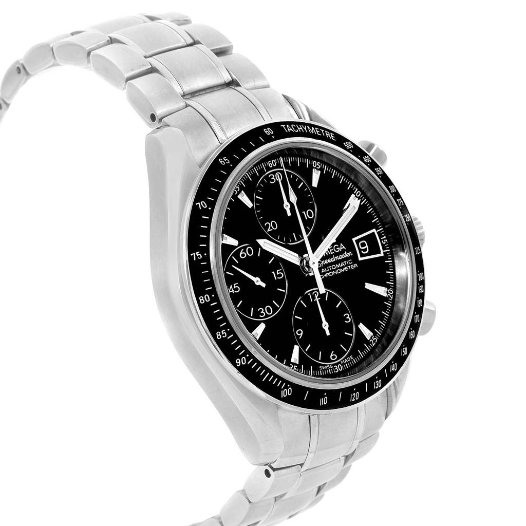The Omega Speedmaster 3210.50.00 Men
s Stainless Steel Black Dial 3210.50.00 Men
s Stainless Steel Black Dial watch is shown at a slight angle, displaying its face, tachymeter bezel, and steel bracelet.