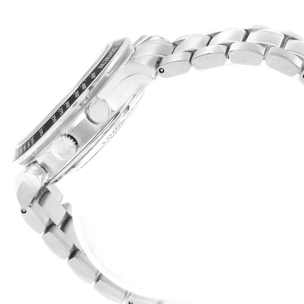 The image shows a side view of the case, crown, pushers, and part of the bracelet of an Omega Speedmaster 3210.50.00 Men
s Stainless Steel Black Dial 3210.50.00 Men
s Stainless Steel Black Dial watch.