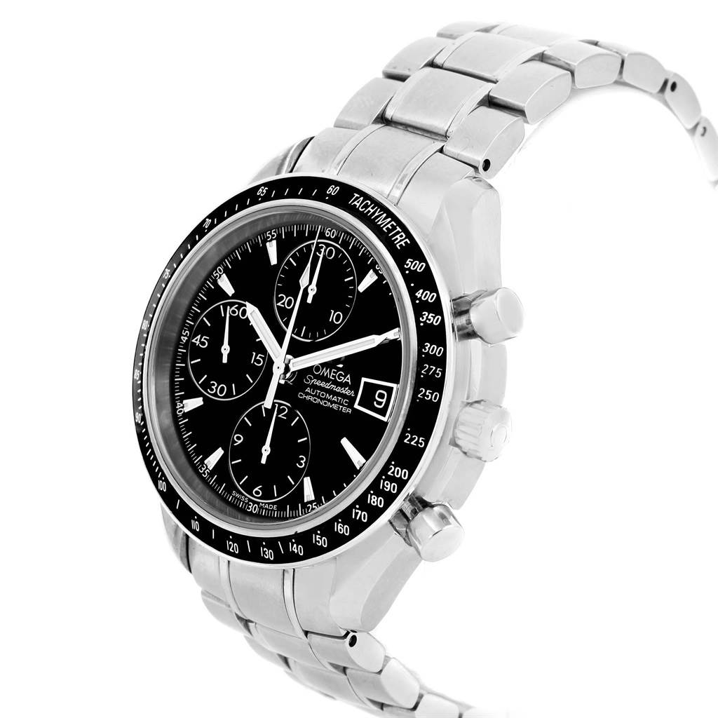 This image shows an angled view of an Omega Speedmaster 3210.50.00 Men
s Stainless Steel Black Dial 3210.50.00 Men
s Stainless Steel Black Dial watch, highlighting the face, bezel, and metal bracelet.