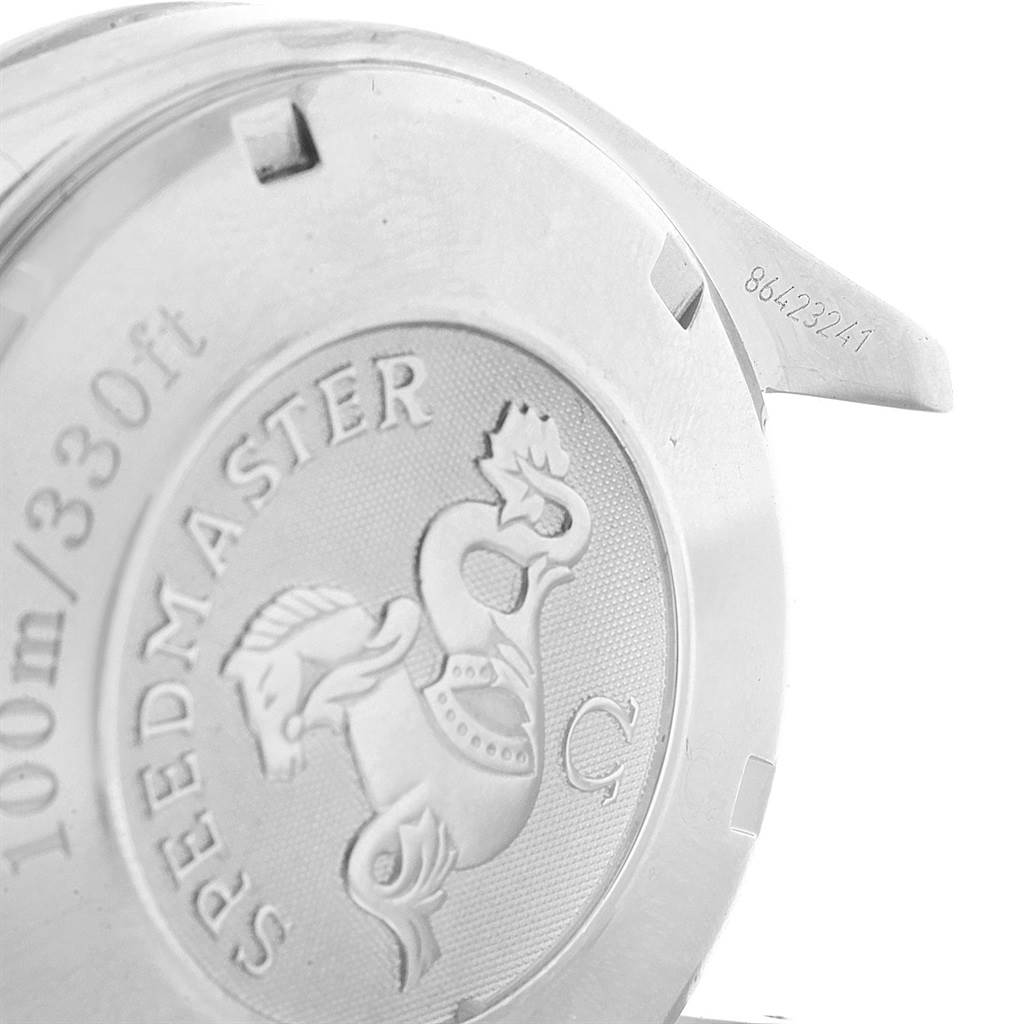 This image shows the back case of an Omega Speedmaster 3210.50.00 Men
s Stainless Steel Black Dial 3210.50.00 Men
s Stainless Steel Black Dial watch, detailing its 100m/330ft water resistance and model branding.