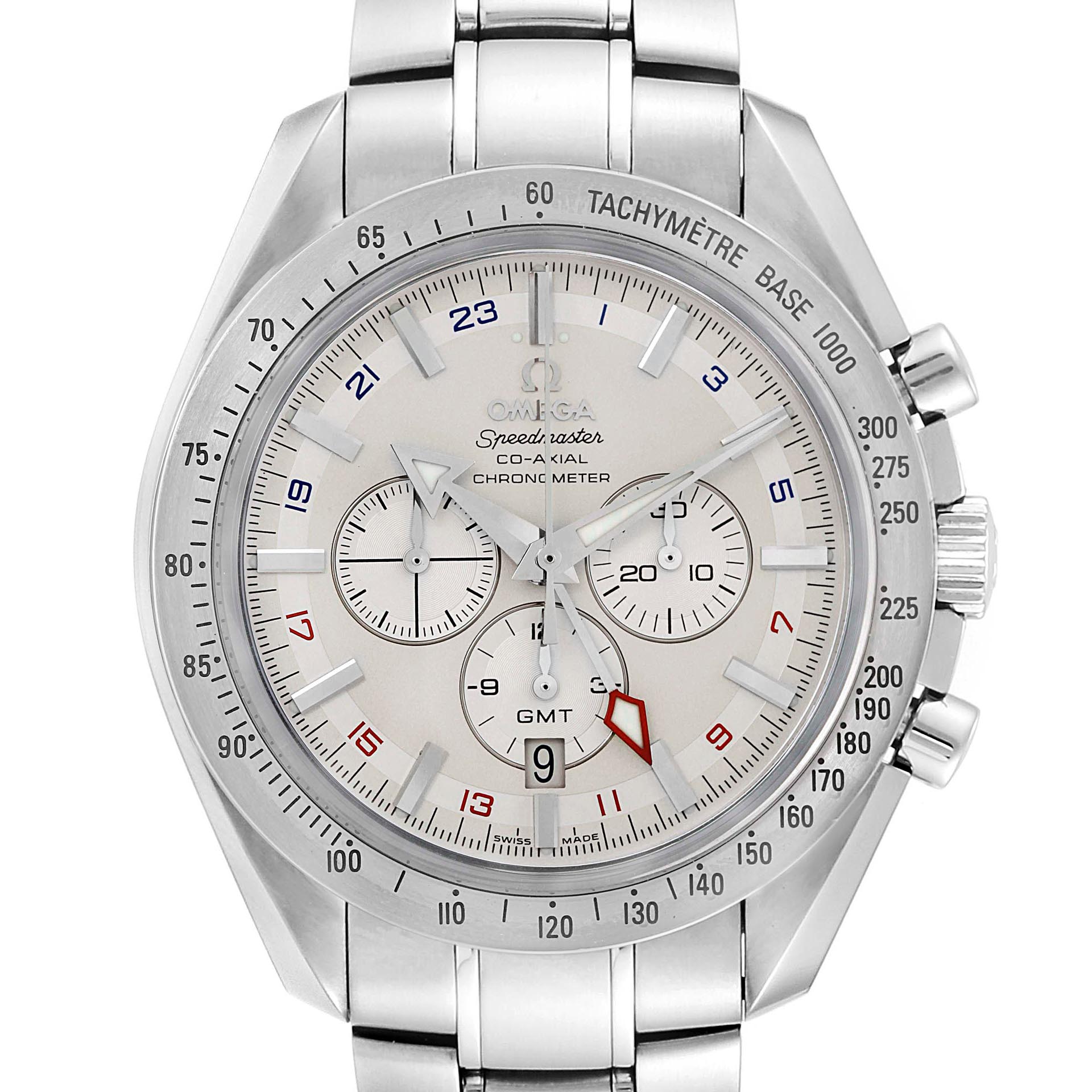The image shows a frontal view of an Omega Speedmaster 3581.30.00 Men's Stainless Steel White Dial 3581.30.00 Men's Stainless Steel White Dial watch, highlighting the dial, bezel, and stainless steel bracelet.