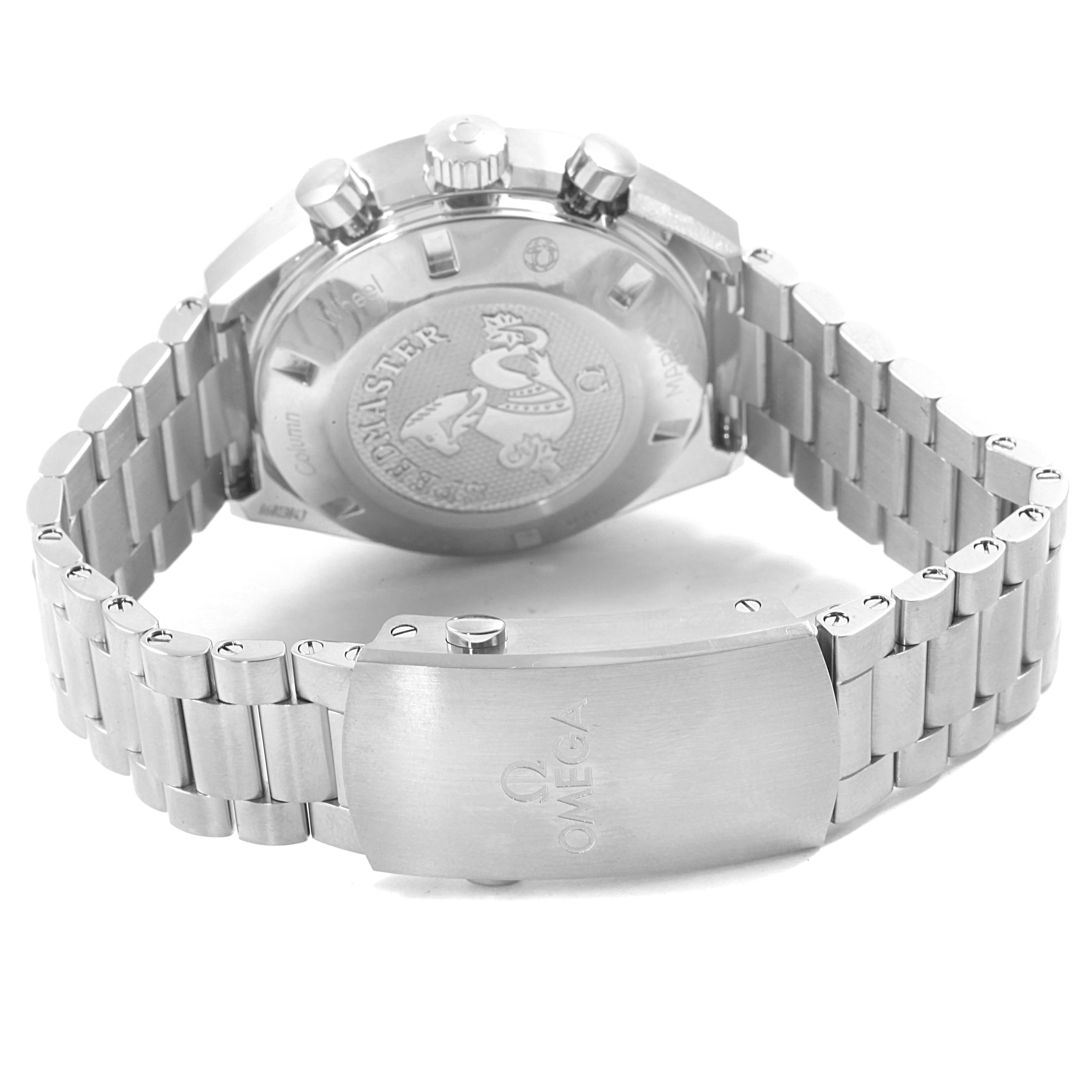 The image shows the back case and bracelet of an Omega Speedmaster 327.10.43.50.06.001 Men
s Stainless Steel Grey Dial 327.10.43.50.06.001 Men
s Stainless Steel Grey Dial watch from an angled rear perspective.