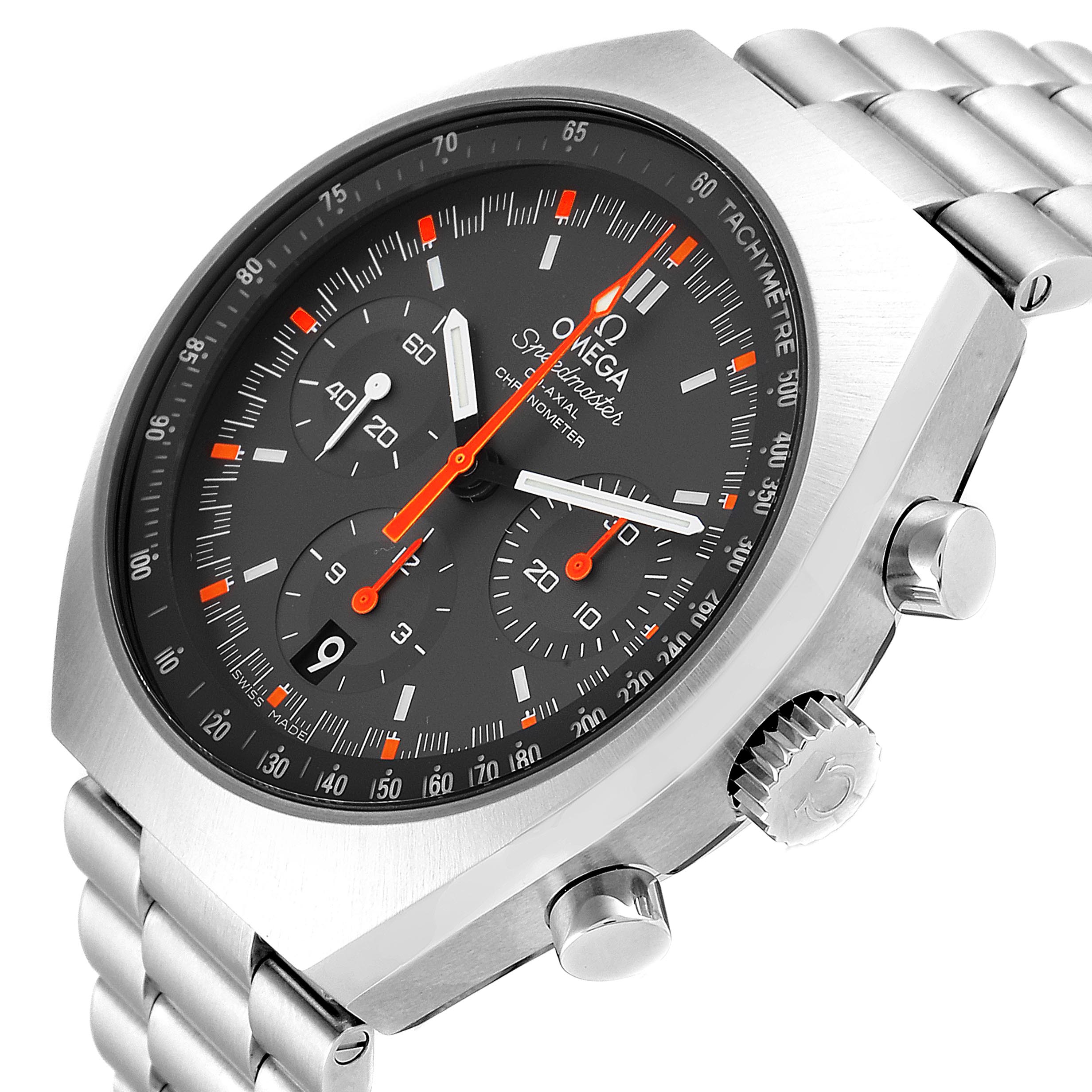 The image shows an angled view of the Omega Speedmaster 327.10.43.50.06.001 Men
s Stainless Steel Grey Dial 327.10.43.50.06.001 Men
s Stainless Steel Grey Dial watch, highlighting its stainless steel case, crown, and chronograph buttons.